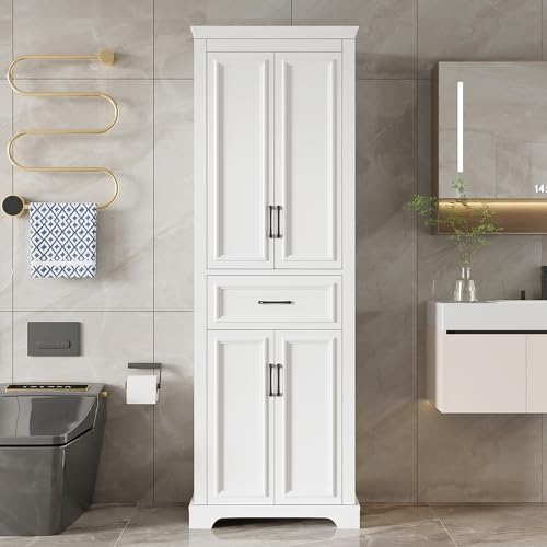 Pasirou 70.8'' Tall Narrow Storage Cabinet with 4 Doors, Modern Bathroom Cabinet with Adjustable Shelves, for Bathroom, White
