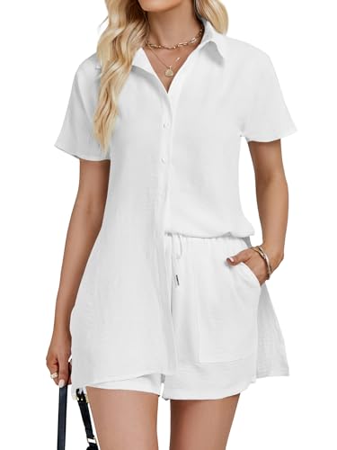 Vrtige Women's 2 Piece Casual Outfits Button Down Split Hem Short Sleeve Top and Shorts Set