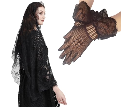 FANFAN Elegant Black Lace Tulle Rectangular Shawl with Gloves Mantilla Veil for Funeral Ceremony | Religious Events | Evening Gala - Classic Bridal Set Y085 (Black)