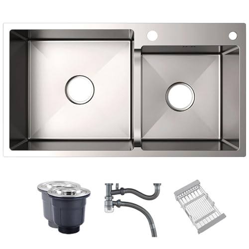 DECORN Lavello da Cucina a Doppia Vasca con Divisorio Basso Intelligente Lavello da Cucina con Montaggio Superiore Lavello da Cucina in Acciaio Inox con Rivestimento Nano, Argento,78x43cm