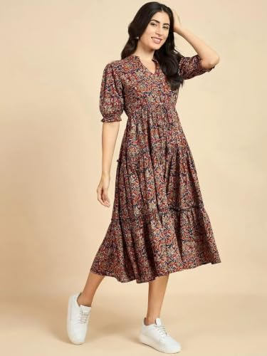 Image of PIDAVLIYA'S Women's Floral Summer Maxi Dress I Cotton Printed I One Piece Bodycon Midi Dress with V-Neck, Puffed Sleeves