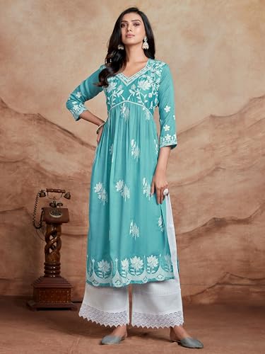 Image of EthnicJunction Women's Silk Blend Regular Fit Chikankari Embroidered Naira Cut Kurta