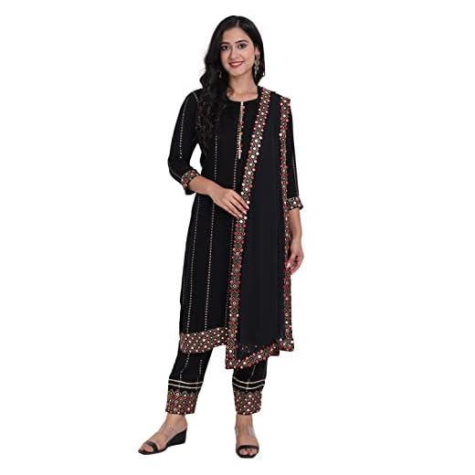 Embroidered Kurta, Pant & Dupatta Set(Black, M)
