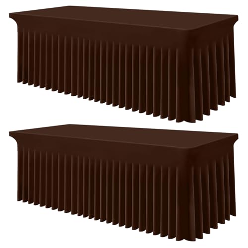 Image of Smiry 2 Pack Spandex Elastic Fitted Table Cloth Skirt for 8FT Table | Stretch Washable Table Cloth, Banquet Table Cover for Wedding, Party, Indoor & Trade Shows, (Coffee, 96Lx30Wx30H)