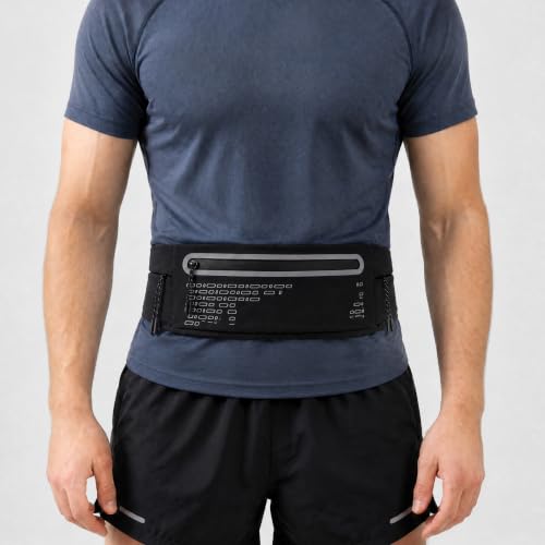 Wide black running belt with a structured pocket centred against the lower back