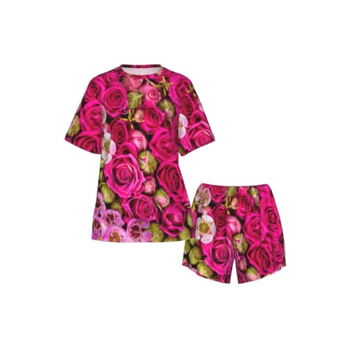 Pyjama manches courtes femme vêtement de nuit respirant ensemble imprimé roses - 5