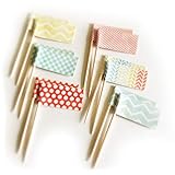 12 Mint, Coral, Yellow. Chevron, Stripe, Polka Dot Flag Party Pick Cupcake Toppers, Hand Cut Card Stock Attached to Toothpick