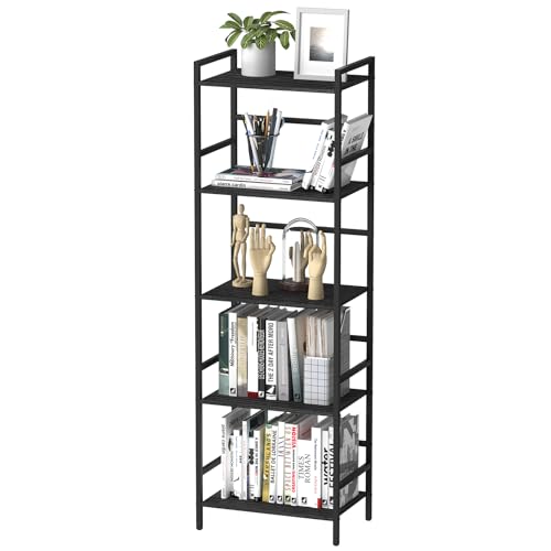 CADUKE Black Tall Bookcase 5 Tier Book Shelf for Bedroom Industrial Bookshelf with Storage Book Shelves for Kids Room Standing Office Bookshelves and Bookcases for Bedroom Living Room