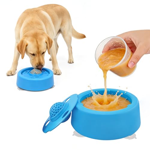 PawBubble Slow Feeder Dog Bowls, Dog Lick Bowl with Built-in Rolling Ball for Wet Food, Bone Broth & Yogurt, Non-Slip Base, Interactive Enrichment Toy for Safe & Fun Feeding (Blue)