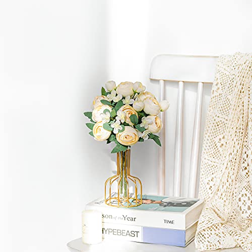 Luyue 2 Pack Fake Peony Flowers In Gold Vase Artificial Peonies Ins Flower Arrangement For Table Centerpiece Wedding Home Office Desktop Floral Decoration-(Ivory White) #TOP2