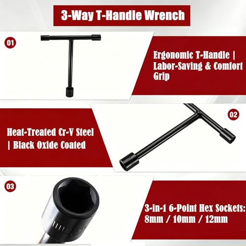 Image of 3-Way T-Handle Wrench Removable 8mm 10mm 12mm Sockets for Repairing Bicycle, Car,Motorcycle,Durable Powder Coated Black Finish