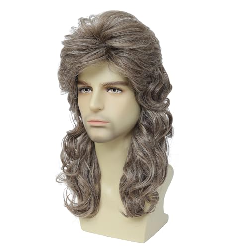 Image of Men's Long Curly Mullet Wig, 80s Retro Rock Synthetic Wig, Fluffy Curly Wig for Halloween, Cosplay, 80s Theme Party and Country Western Costume (Light Brown)
