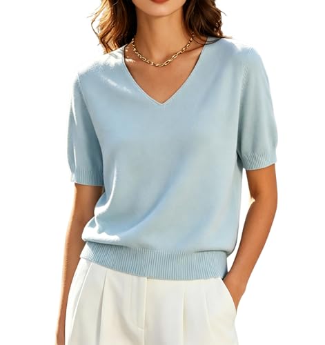 Image of DAIMIDY Women's Short Sleeve Sweater V Neck Summer Knit Tops | Business Casual Tops| Soft,Lightweight,Breathable and Comfortable| Perfect for Shopping,Date,Vacation,Daily Wear Etc.