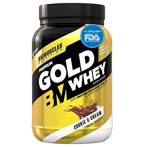 Image of Bigmuscles Nutrition Premium Gold Whey 1Kilogram Whey Protein Isolate Blend | 25g Protein Per Serving [Cookie & Cream] & Real Mass Gainer [1Kilogram, Chocolate], 37 Grams