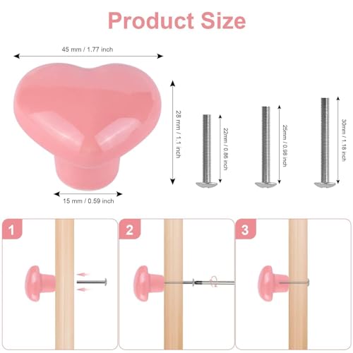 ShipeeKin 6X Cute Glossy Ceramic Knobs Pink Love Heart Shape Lovely Door Pull Knob Cabinet Closet Ceramic Drawer Cupboard Kitchen Dresser Kids Child Bedroom Pulls Wardrobe Handles - Image 2