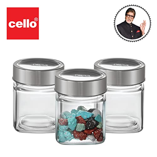 Image of CELLO Qube Fresh Glass Storage Jar for Kitchen Set of 3 Pcs, 180 ml Transparent | Fridge Safe Airtight Leadfree Toughened Glass Kitchen Storage Containers Set For Beans, Whole Grains Spices Dry Fruits