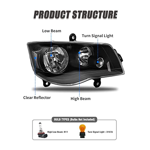 Adcarlights 2011 2012 2013 2014 2015 2016 2017 2018 Dodge Grand Caravan 4Dr Headlight Assembly Compatible With 08-16 Chrysler Town & Country Black Housing Clear Reflector Headlamp Replacement Pair #TOP2