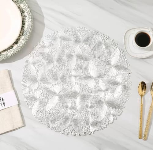 Image of HomeCloud PVC Material Round Shape Table Mat, Dining Table Mat,Table Placemats, Round Mats,Best for Bed-Side Table /Center Table, Dining Table /Shelves (Butterfly Silver, Set of 1)
