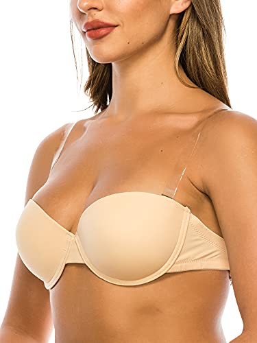 Ted Noah Transparent Clear Invisible Removable Shoulder Straps & Back Strap Plunge Bra(Beige, 36B) #TOP1