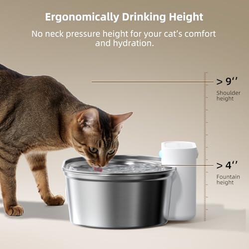 uahpet Wireless Cat Water Fountain Stainless Steel Pro, External Pump Battery Operated Pet Waterer, Motion Sensor Dog Drinking Dispenser with Water Level Window, 3pcs Filters, 67oz/2L