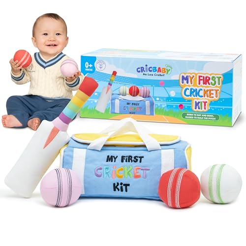 Image of My First Cricket Kit | Cotton Soft Plush Toy | Gift Baby and Infant 0+ Months | 3 Soft Sensory Cricket Balls – Rattle, Crinkle, Squeaker & 1 Rainbow Rattle Cricket Bat | Safe, Fun, Educational