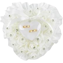 Framendino, White Heart Shape Wedding Ring Pillow Elegant Decoration Cushion Bearer Box with Ribbon Bowknot