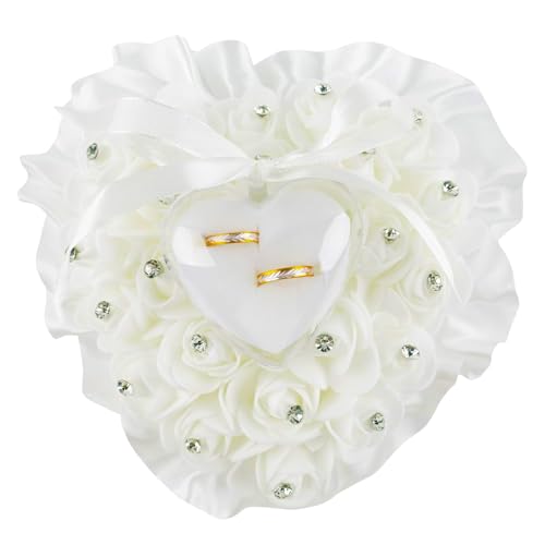 Framendino, White Heart Shape Wedding Ring Pillow Elegant Decoration Cushion Bearer Box with Ribbon Bowknot