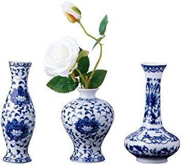 Set of 3 Small Blue & White Porcelain Vases, Fambe Glaze Porcelain Vases Set of 3, Classic Ceramic Flower Vases for Home Décor