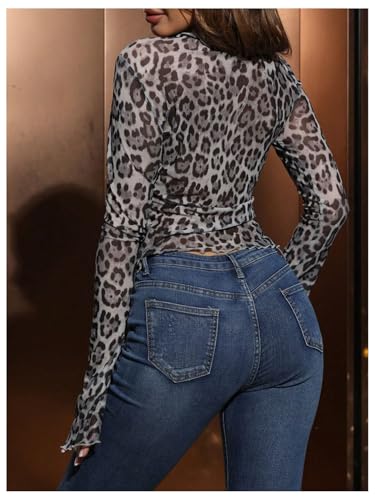 Image of RoseSeek Women's Y2k Leopard Mesh V Neck Tie Front Bell Sleeve T Shirt Tops
