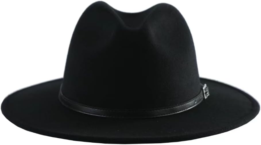 Women's Fashion Flat Wide Brim Hat Classic Wool Felt Panama Hat with Belt Buckle