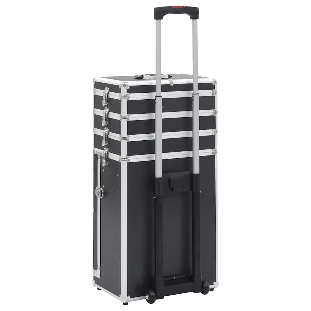 Walizka na kosmetyki aluminiowa czarna z 4 stopniami, 1 szuflada 37 x 24 x 74 cm, zdejmowane kółka, organizer do makijażu, produkt do pielęgnacji, podróż, bagaż podręczny