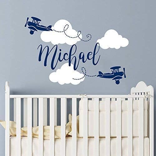 Personalized Name Wall Decal Airplane Clouds Wall Sticker Nursery Vinyl Biplane Baby Boy Nursery Decor Plane Name Children Nursery Wall Decal F28