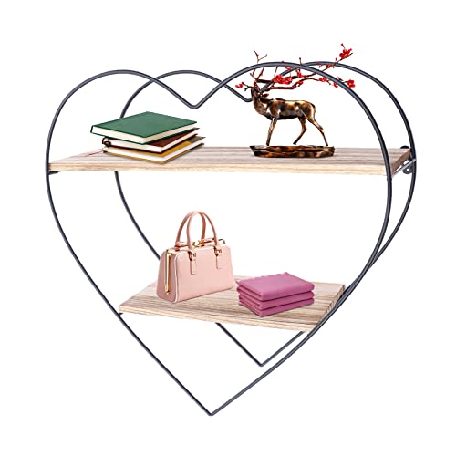Fetcoi Wall Shelf Heart Floating Shelves,2-Tire Iron Wood Wall Hanging Shelves Display Storage Organizer, Gifts For Kid Children Room Bedroom Bathroom Living Room #TOP9