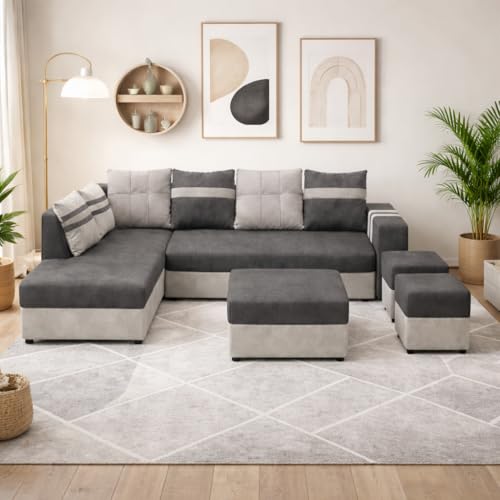 Image of Stova Luxe Velvet-Suede Fabric 8 Seater LHS Sofa Set | with 2 Ottomans& Centre Table| Comfortable & Spacious Seating | Modern Sofa Set for Living Room - Light Grey & Dark Grey