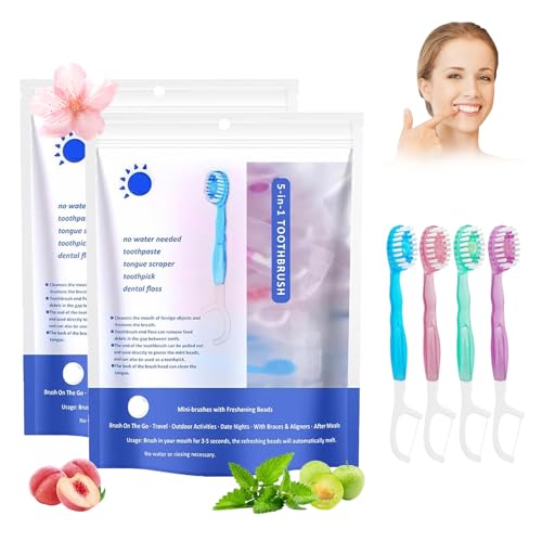 YEAfEAti 5 in 1 Toothbrush & Floss, 26Pcs mini toothbrushes with Toothpaste, All in one Oral Care on The go, 5 in 1 mini Brush, Toothpaste and Floss, Disposable Travel Toothbrush Set (2)