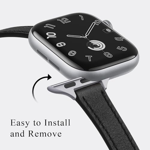 Image of STIROLL Slim Leather Bands Compatible with Apple Watch Band 38mm 40mm 41mm 42mm(Series 11 10), Top Grain Leather Watch Thin Wristband for iWatch SE 9 8 7 6 5 4 3 2 1 (Black Silver)