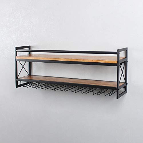 Mbqq Wine Rack Stemware Glass Rack,Industrial 2-Tier Wood Shelf,36" Wall Mounted Wine Racks With 9 Glass Holder For Wine Glasses,Mugs,Home Decor,Black #TOP7