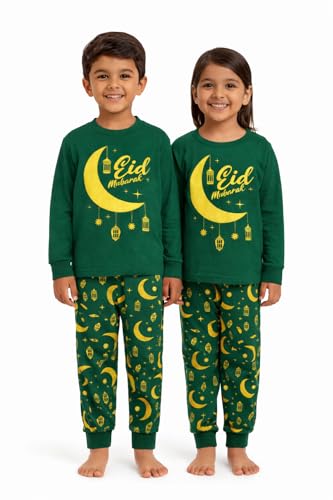 Characterville Kids Eid Pyjamas 100% Cotton Eid Mubarak Pjs Nightwear Set for Boys & Girls Islamic Sleepwear Ages 213 Years (UK Age 11 Years 12 Years Regular) Green