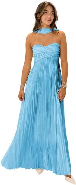 Womens Chiffon Bridesmaid Dresses with Scarf Long Strapless Prom Dresses 2025 Pleated Wedding Guest Dress B21