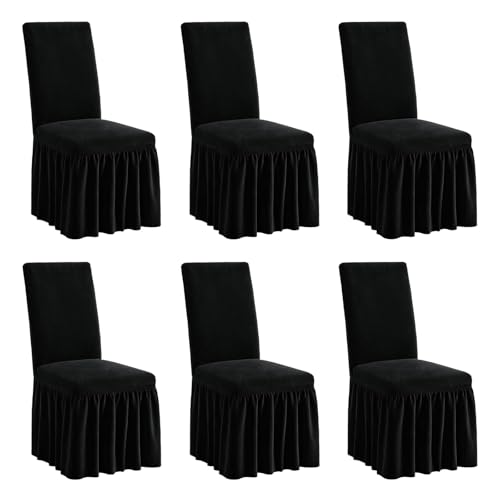 NICEEC Plush Chair Covers for Dining Chairs Covers Set of 6 Removable Black Thick Dining Room Chair Covers with Skirt Warm Parson Chair Slipcovers Washable Chair Protector for Kitchen Wedding