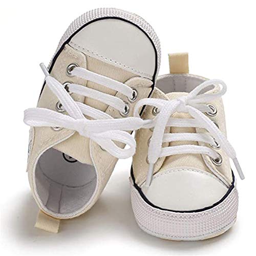 Baby Girls Boys Shoes Soft Anti-Slip Sole Newborn First Walkers Star High Top Canvas Denim Unisex Infant Sneaker (A01-Beige, 0-6 Months) #TOP2