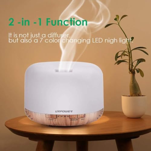 Image of URPOWER 500ml Aromatherapy Essential Oil Diffuser Ultrasonic Air Humidifier with 4 Timer Settings 7 LED Color Changing Lamps, 10 Hours Continuous Mist Mode Running - AUTO shut off