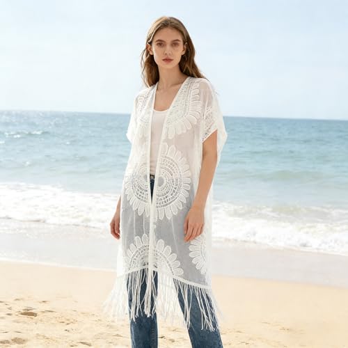 Bwuikim Modischer, vorne offener Strand Coverup Kimono, Langer Strand Cardigan mit Fransen und Spitze für Sonnenbaden, Poolpartys, Freizeitausflüge, durchsichtiges Saisonkleid-3