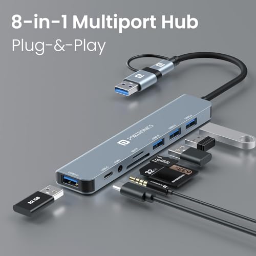 Portronics Mport 8 Plus Dual Plug 8-in-1 Docking Station/Hub with AUX, USB 3.0, microSD/SD Card Reader, Type-C Data, USB 2.0, Type-C and USB Plug for Laptop, Mac, PC (Grey) view 2