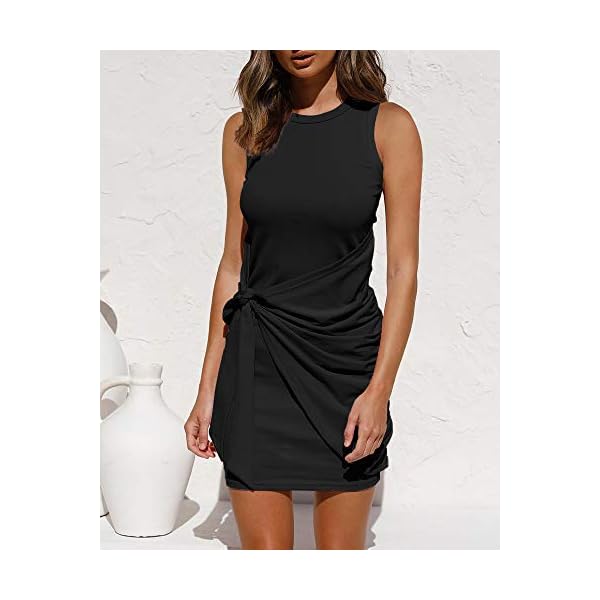 LILLUSORY-Womens-Summer-Casual-Sleeveless-Tank-Dress-2021-Crewneck-Bodycon-Ruched-Tie-Waist-Mini-Dresses LILLUSORY Women's Sun Dresses Casual 2024 Summer Black Elegant Bodycon Ruched Ladies Trendy Cotton Skorts Skirt Wrap Mini Junior Sheath Western Fitted Skater Jersey Dresses
