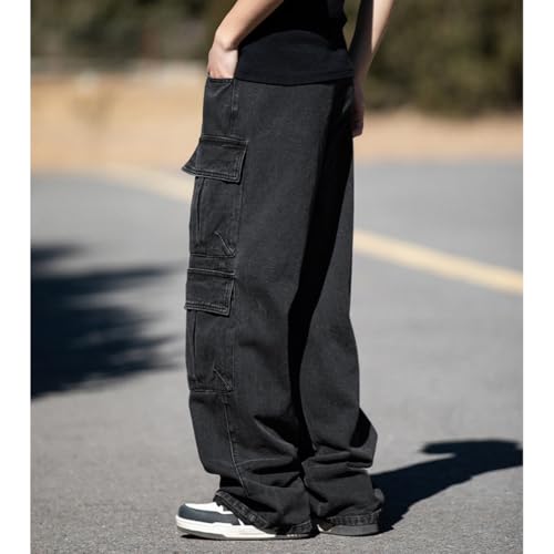 Mens Cargo Jeans Hip Pop Loose Fit Straight Leg Denim Pants3