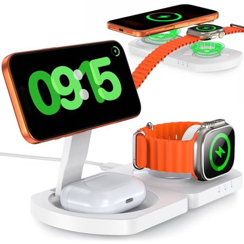 Image of Wireless Charger for iPhone, 3-in-1 Magnetic Charging Station for Apple, MagSafe Charger Stand for iPhone 17 Air 16 15 14 13 12 Series, Airpods Pro, Apple Watch Ultra, Foldable, No Adapter, White