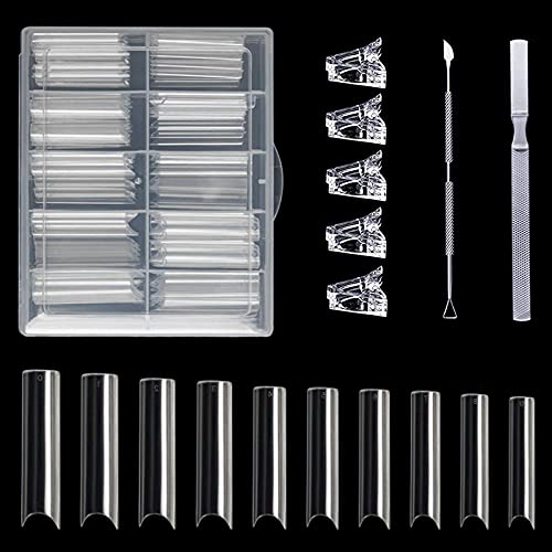 HanTech 200PCS Premium Clear False Nail Tips, Acrylic XXL Long Square Nail Tips with Nail Clips and Files, Perfect French C Curve Straight Half Cover False Nails with Box for Amateur or Professional