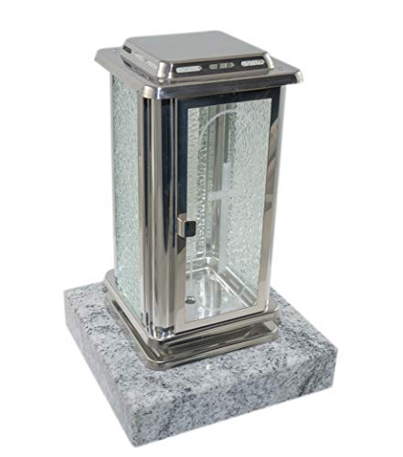 Kunst-Art-Köhl Grablaterne aus Edelstahl poliert montiert auf einem Granitsockel,Grablampe (Frontscheibe mit Kreuz, Wiscount White)
