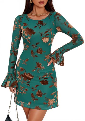 ZESICA Womens Long Sleeve Floral Mesh Bodycon Mini Dresses Dark Green M